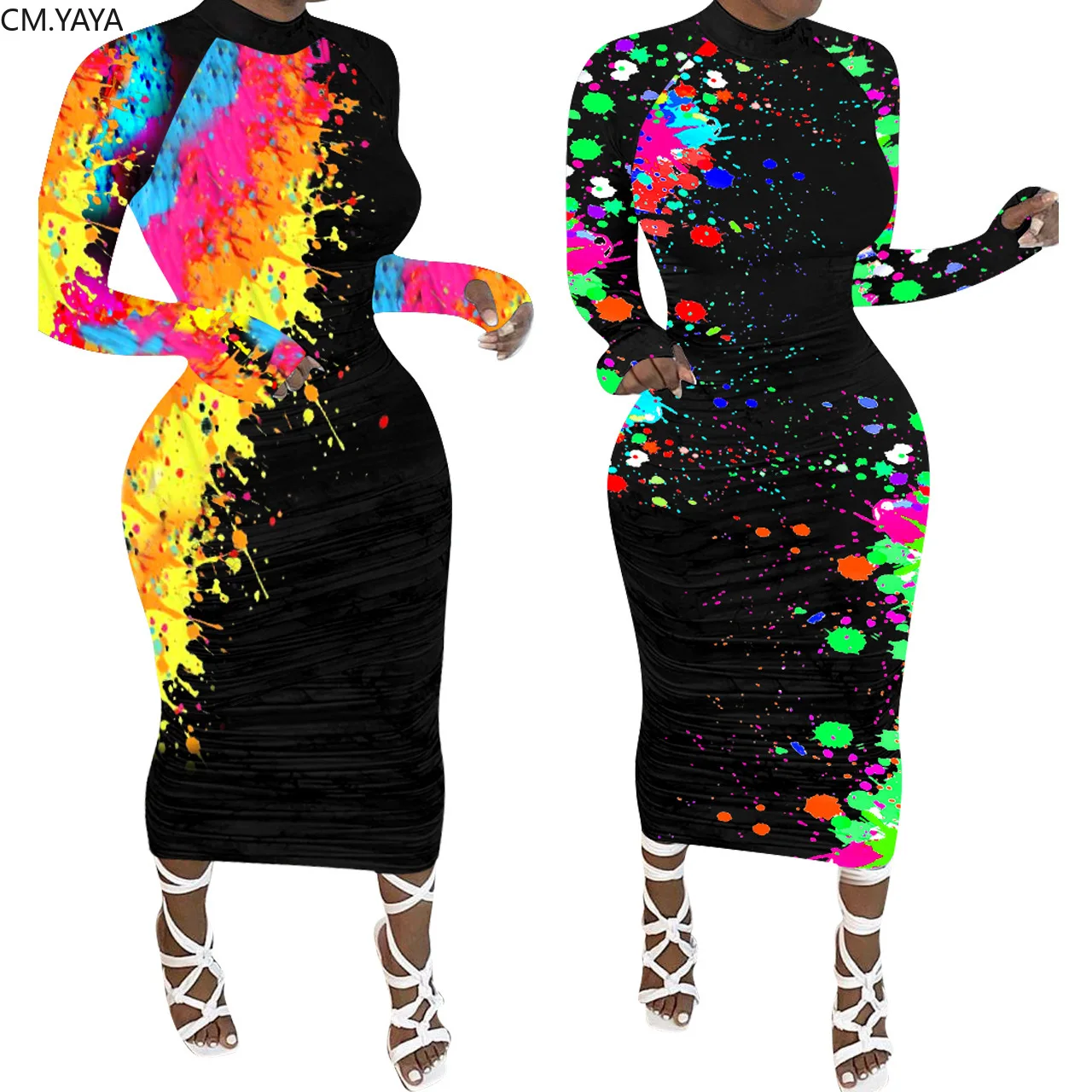 

CM.YAYA Women Colorful Painting Print Bodycon Midi Long Dress Office Lady Club Night Sexy Party Maxi Bandage Dresses Vestidos