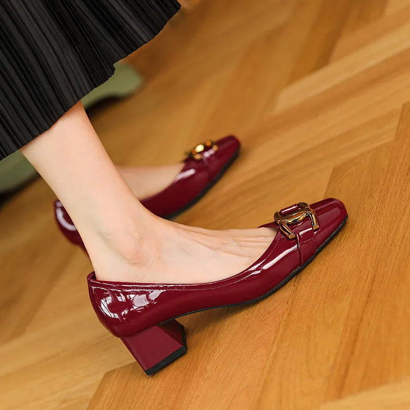 Ladies Square Toe ShoeHigh Heels Sheepskin Thick French Retro Single Patent Leather Metal Women Girls Size34-39 Autumn | Обувь