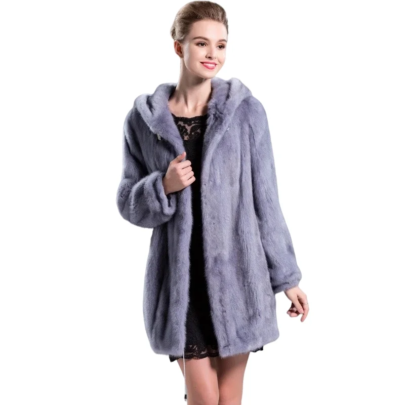 HQ Winter warm real mink fur coat woman long-sleeved hat in the long paragraph natural qualities fashion shenzhen coat custom