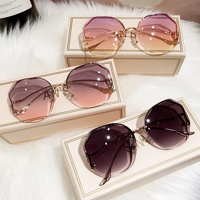 

Gradient Fashion Rimless Sun Glasses Irregular Round Oversized Sunglasses Women Ocean Lense Metal Curved Temples Oculos De Sol
