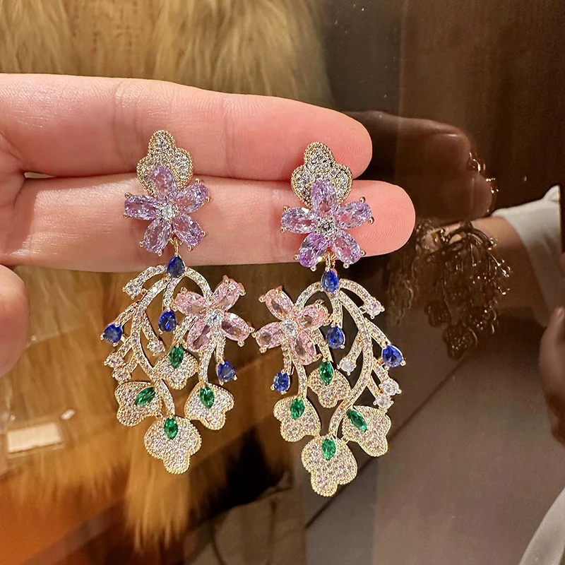 

Colorful branch flower earrings elegant lady summer floral women romantic evening dinner sparkling jewelry