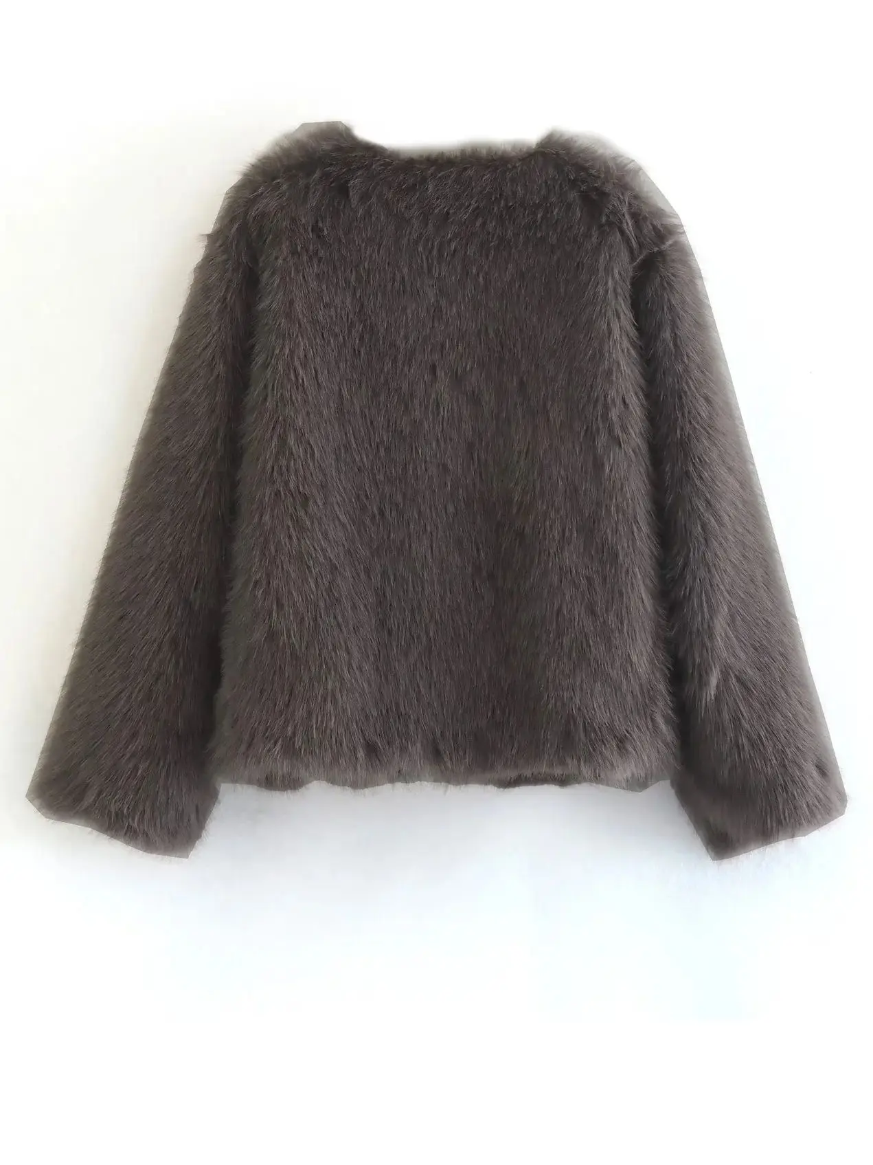Spring And Autumn Women's Grey Brown Fake Fur Round Neck Long Sleeve Loose Jacket Warm Fashion Vintage Style