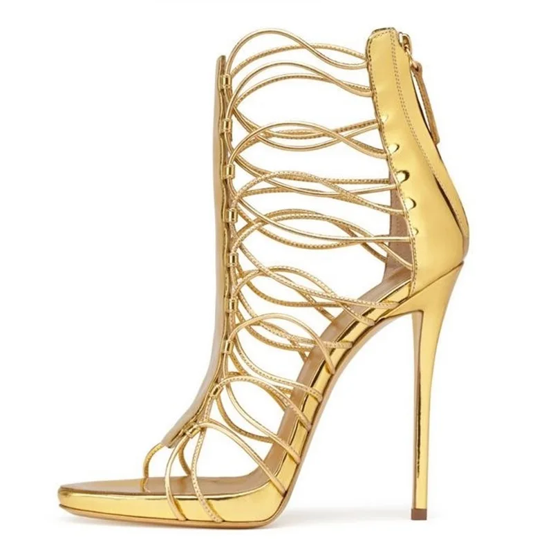 

Golden Leather Peep Toe Thin Heels Strappy Sandals Hollow Cutouts Women Cage Shoes Stiletto High Heels Pumps