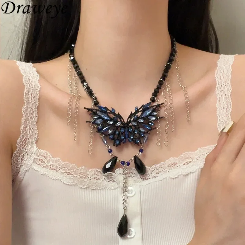 Ожерелья-бабочки Draweye Y2k для женщин винтажные кисточки темно-синие корейские