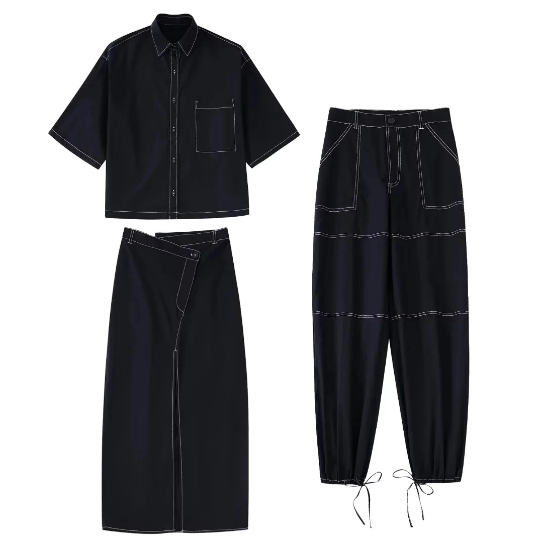 

Блузка женская с коротким рукавом и брюки-карго, комплект из 2 предметов с длинной юбкой, Повседневная Уличная одежда в Корейском стиле, черн...