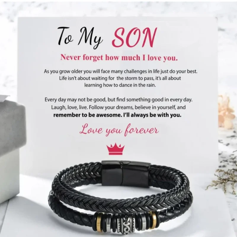 

To My Son Grandson Bracelet with Gift Card Secret Message Jewelry for Men Women I Love You Morse Code Beaded Leather Bracelet