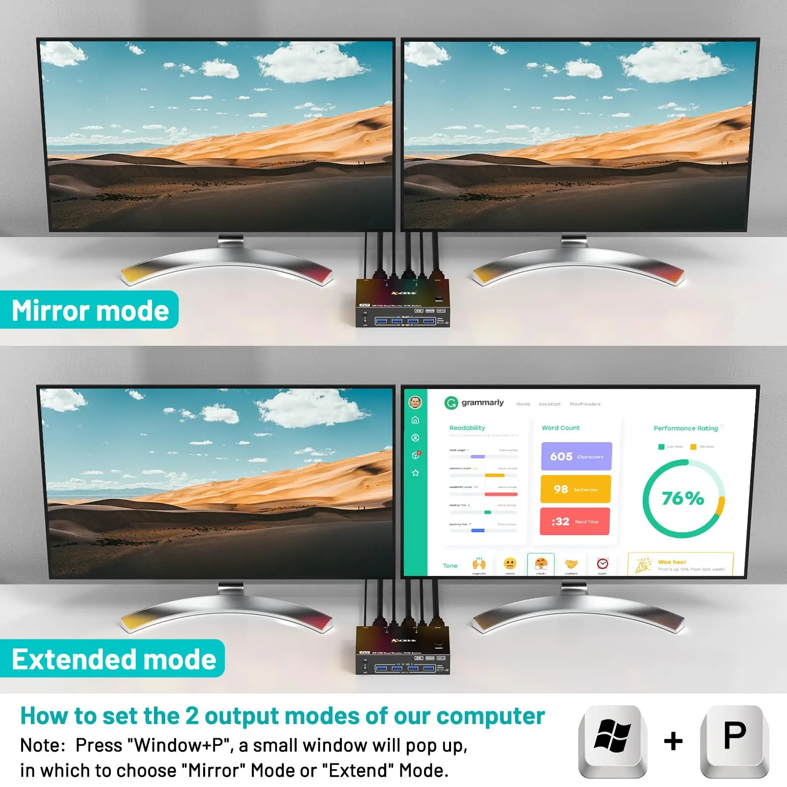 Фото Кастомный KVM-переключатель 4K 144 Гц для 2 мониторов и 2 компьютеров, 8K 60 Гц KCEVE HDMI DisplayPort Dual Monitor KVM с 4 портами USB 3.0 в подарок №5