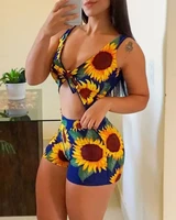 print jumpsuit women summer 2022 new sexy hollow out one piece shorts navel exposed o ring front sunflower jumpsuits