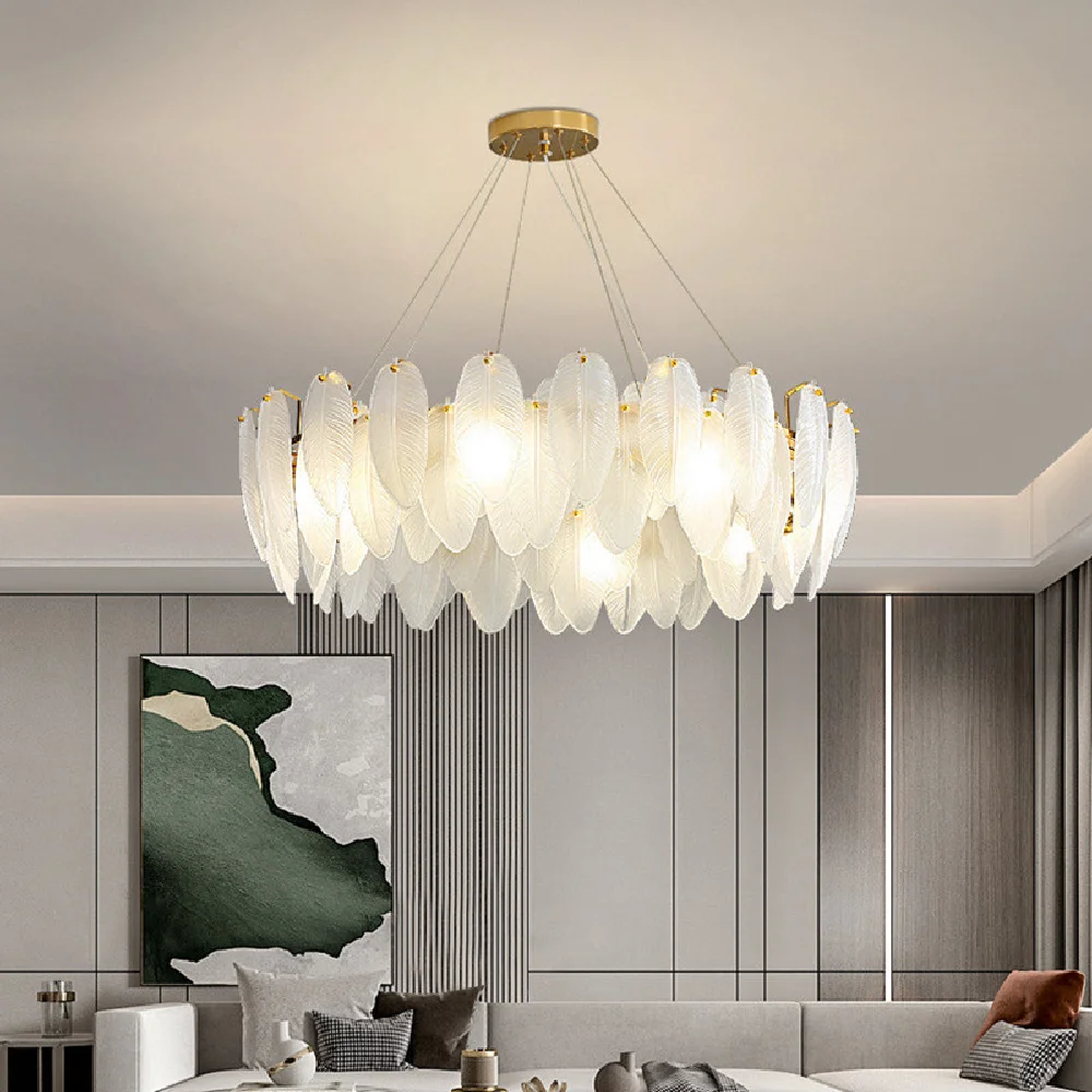 

Luxury Feather Glass E14 Led Pendant Lights Living Room Modern Led Chandelier Gold Metal Lustre Pendant Chandelier Led Lamps