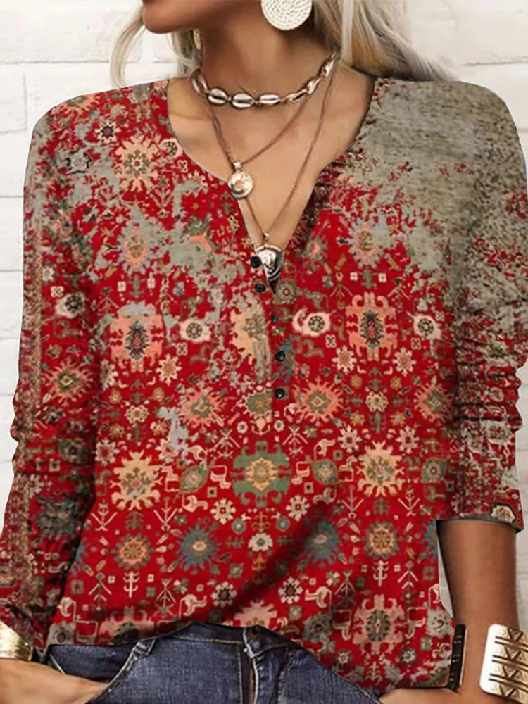 

2022 Printing Blouses Women Spring Autumn Vintage Chic Pullover Tops Long Sleeve V-Neck Streetwear Loose Fit Ladies Sweatshirts