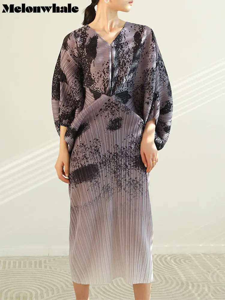 MelonWhale Long Miyake Pleated Elegant Dress Women V Neck Batwing Sleeves Print Party Dresses 2023 Spring Summer Female Clothing