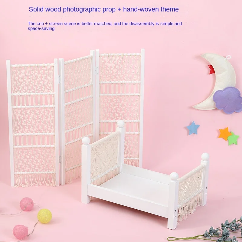 Fashion Photo Prop Hand-woven Newborn 100-day Photography Props White Crib for Babies Wooden Bed Furniture |