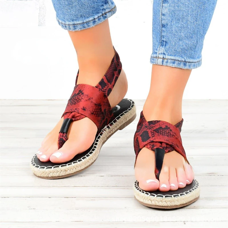 

New Women's Sandals Fashion Hemp Rope Woven Snake Print Flip-Flops Outdoor Casual Comfortable Flats Zandalias Mujer Verano 2022