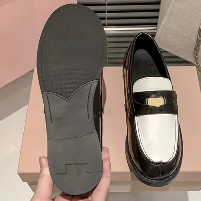 Luxury single platform shoes moccasins female leather Spring and Summer one step thick heel black british small leather shoes