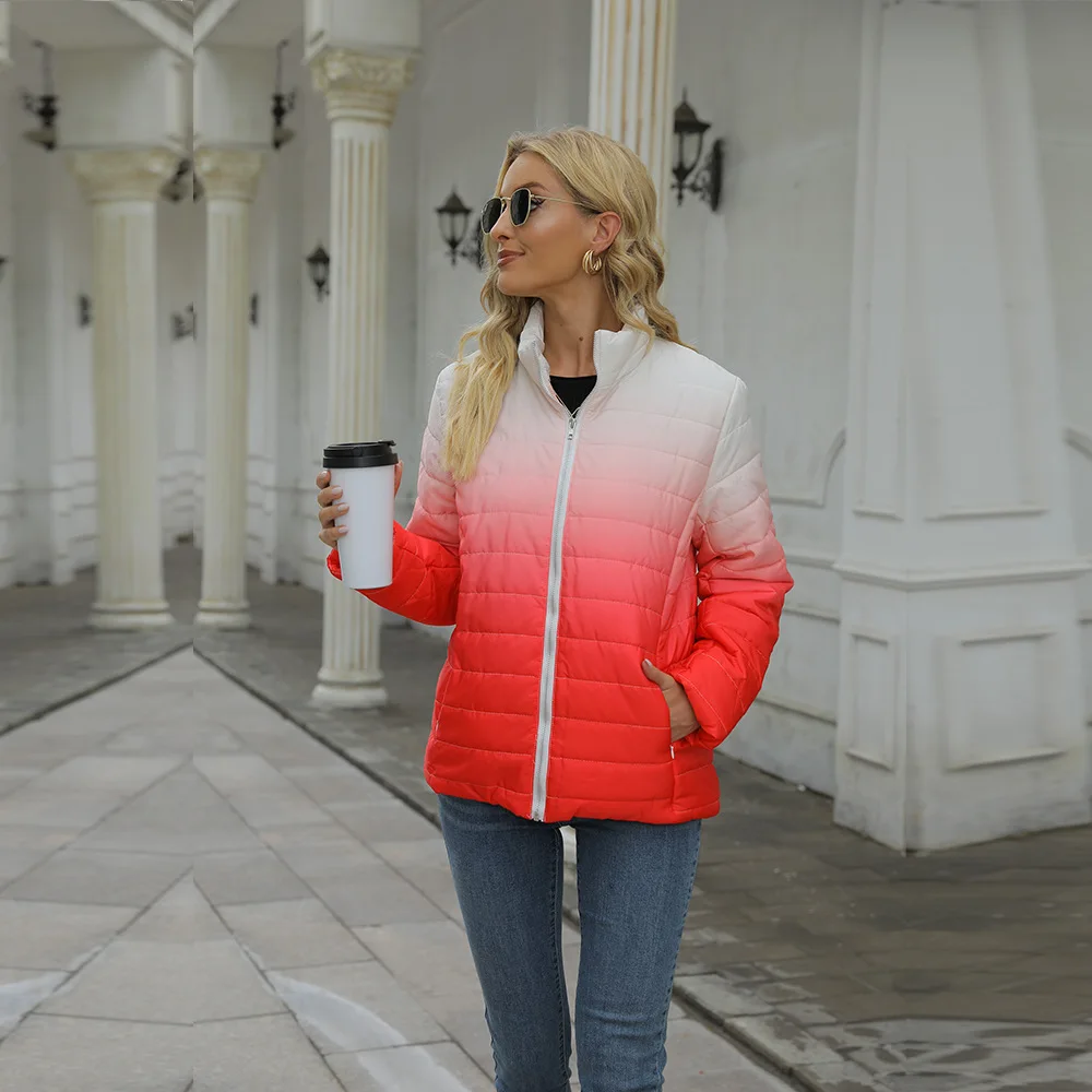 2021 Autumn and Winter Women Cotton-Padded Jacket Gradient Printed Long Sleeve Pocket Zipper Stand Collar Cotton Pink Oversized