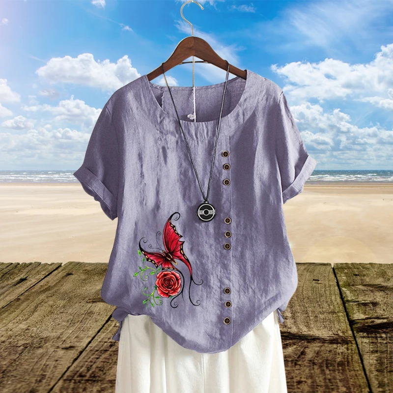 

Женская свободная футболка с принтом бабочки, летняя дышащая льняная блузка с круглым вырезом, однотонный топ с коротким рукавом