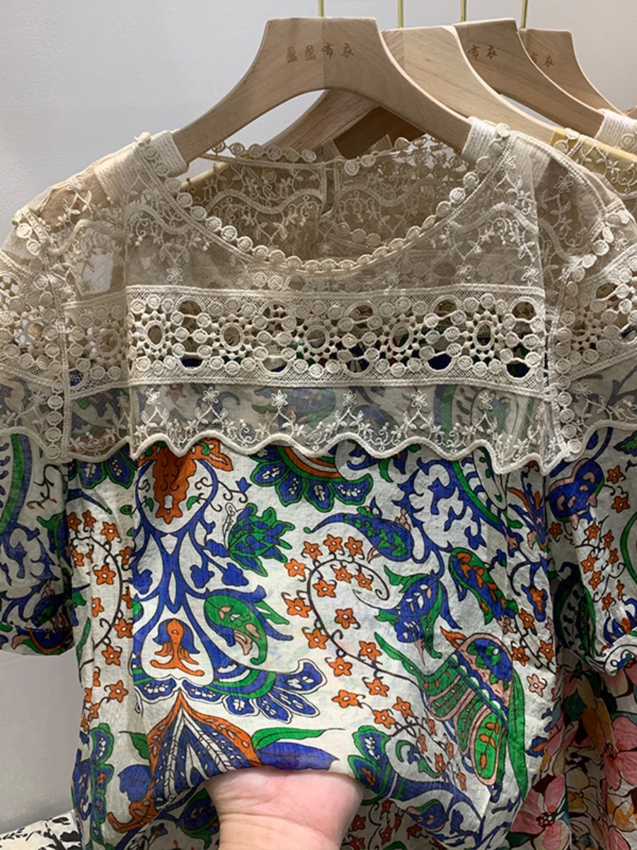 

Loose Women's Printed Crochet Cutout Lace Stitching Shirt 2022 Summer New Pullover Short Sleeve Round Neck Shirts Blouses Ladies