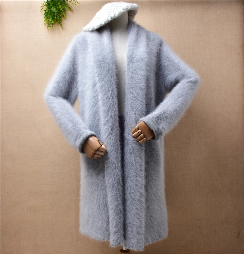 

female women autumn winter clothing hairy mink cashmere knitted turn-down neck loose cardigan angora fur long sweater coat pull