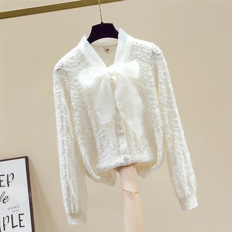 

2022 Spring New Bow Fashion Loose Solid Full Office Lady All Match Chiffon Shirts Women