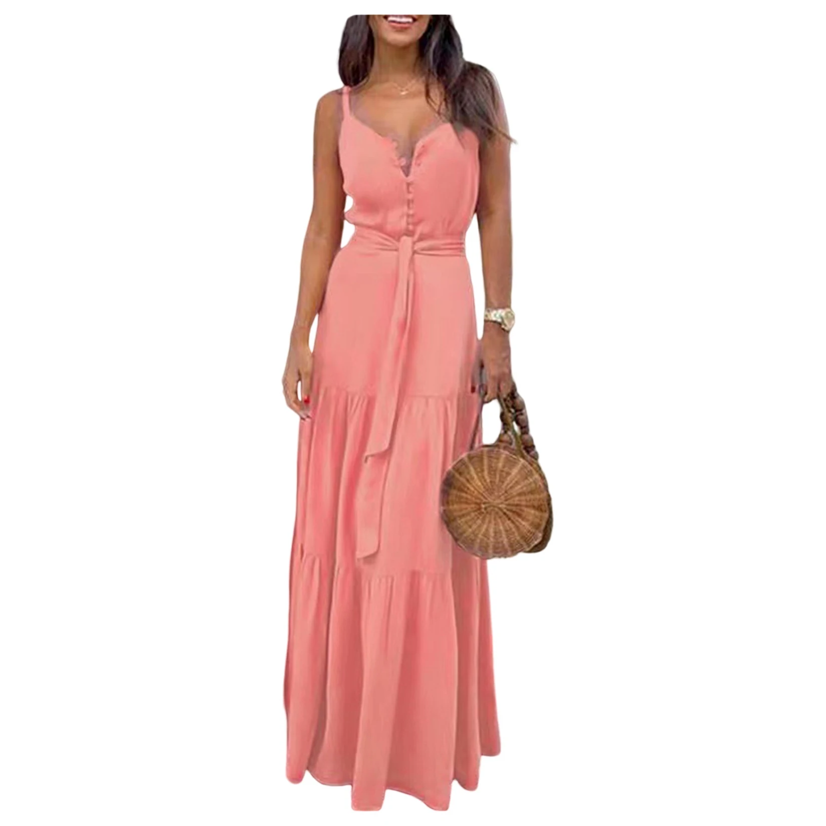 

Однотонное платье на бретельках с завязкой на поясе, Макси-Платье с V-образным вырезом без рукавов, длинная юбка, темпераментные платья для женщин