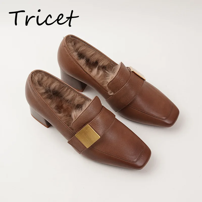 

Туфли-лодочки женские зимние из искусственной кожи, плюшевые теплые, на массивном каблуке, лоферы, квадратный носок, искусственный мех, высо...