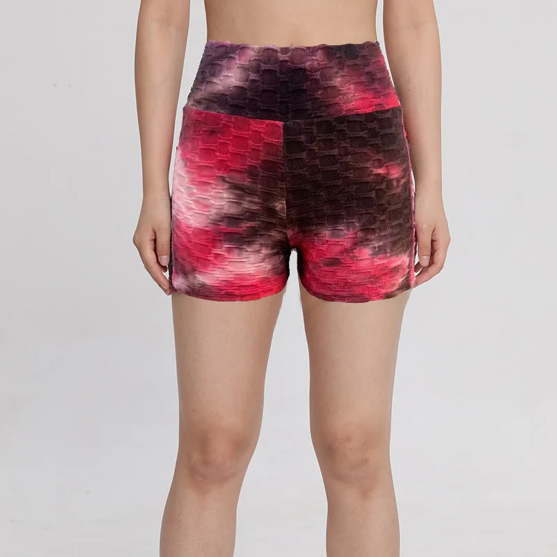 Women Pocket Tie Dyed Bubble Yoga Shorts High Waist Gym Shorts Workout Short Fitness Running Short Athletic Legging