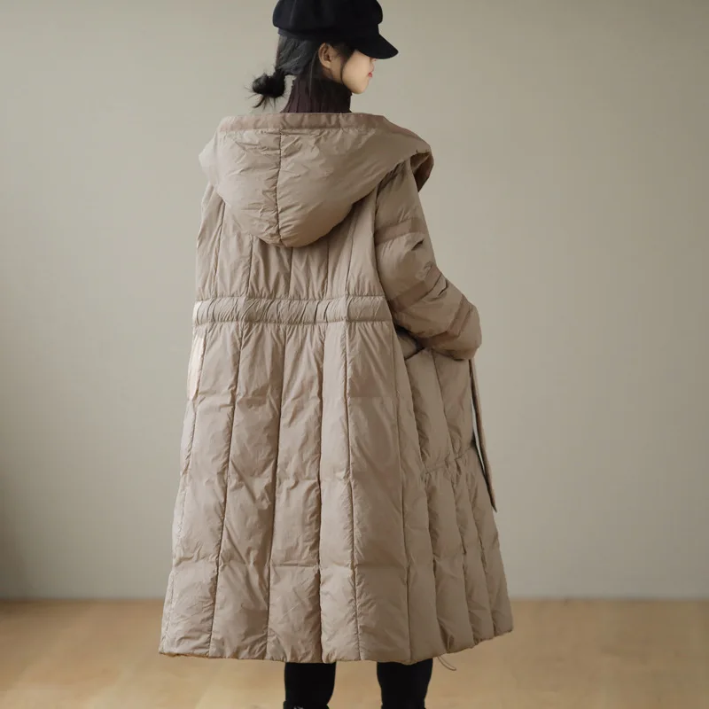 Winter New Down Jacket Solid Colour Two Buckle Lacing Jacket Long White Duck Down Loose Hooded Warm Thickened Cotton Jacket