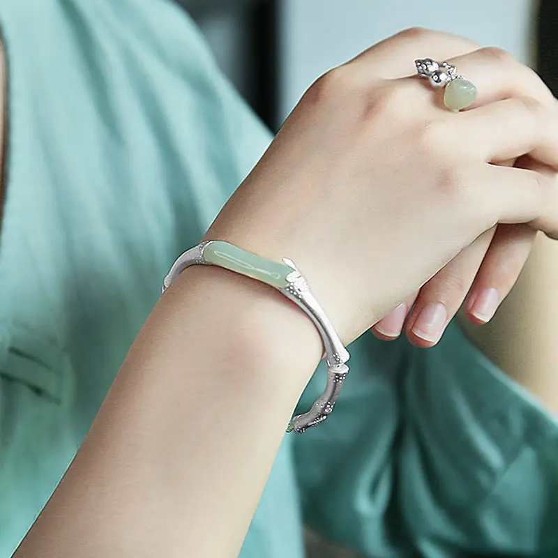 Браслет из стерлингового серебра браслет бамбука пробы чотанский нефритовый в