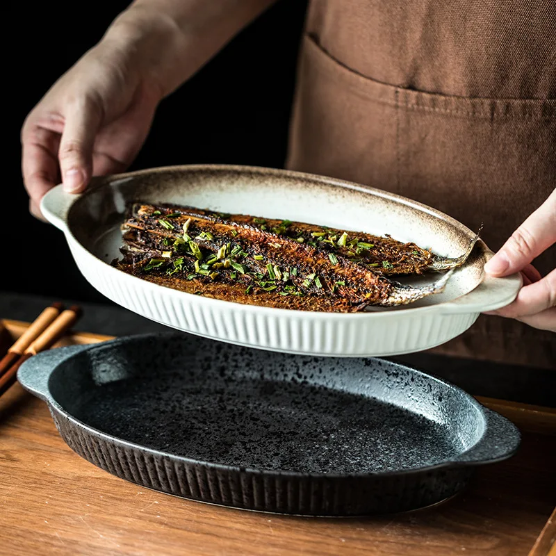 Винтажная керамическая тарелка в японском стиле с рыбой на пару бинауральный