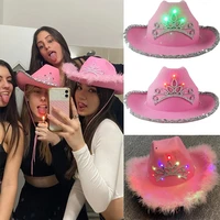 western style women girl light up blinking crown pink tiara cowgirl hat cowboy cap costume party hat with neck drawstring felt