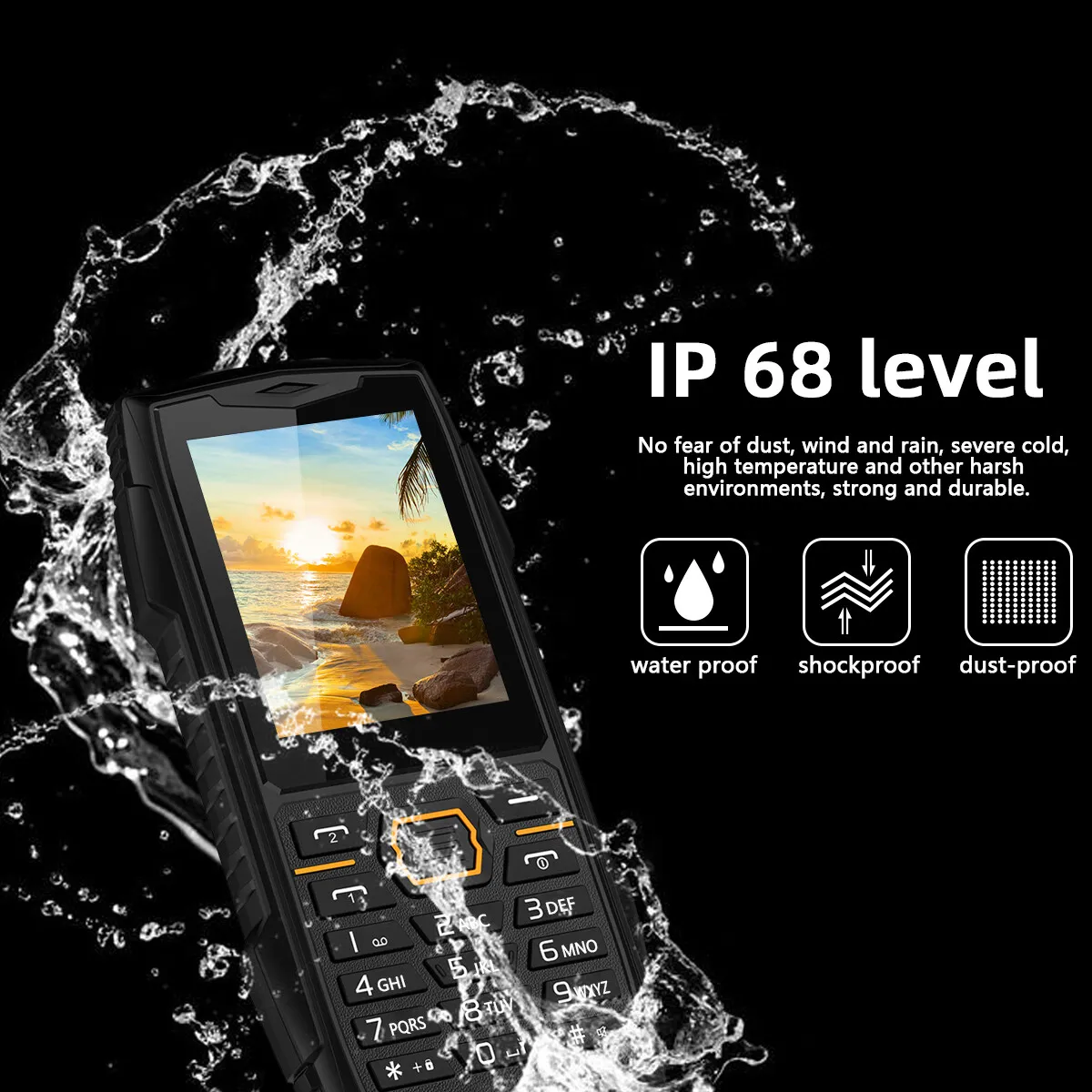 GSM 2G Waterproof Rugged Phone Big Battery Feature Phone Dual SIM Dual Standby Bar Phone Push-button Telephone with Super Torch