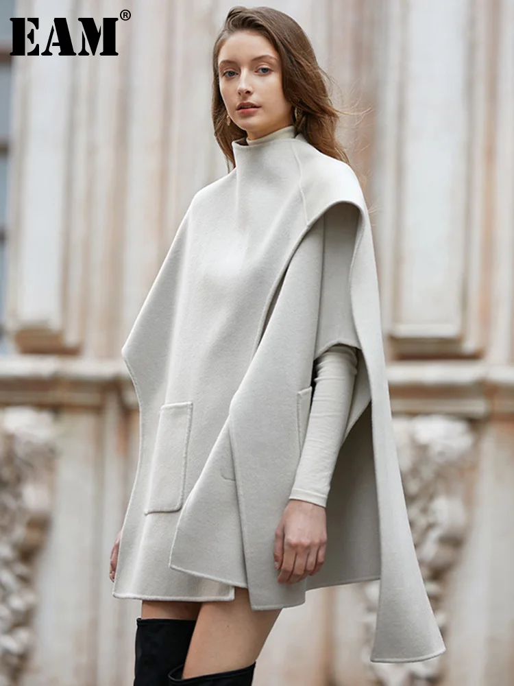 

[EAM] Loose Fit Gray Irregular Big Size Cloak Woolen Coat Parkas New Long Sleeve Women Fashion Tide Autumn Winter 2022 1DE4834