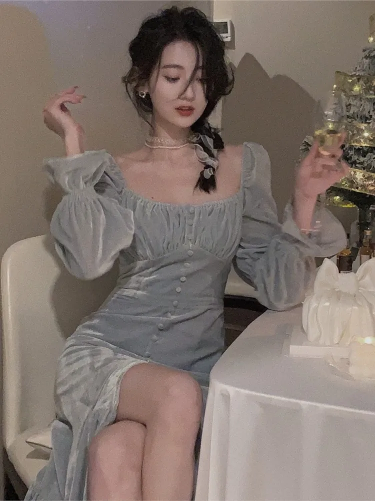 

Elegant Velvet Long Dress For Women Y2K Sexy Split Evening Party Dress Korean Vintage Bodycon Design Vestidos 2022 Autumn New