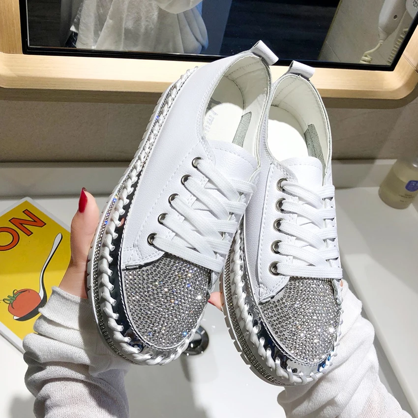 

comemore Women Crystal Shoes Spring Fashion Bling Lace Up Ladies Casual Comfortable Round Toe Platform Sneakers White Shoes