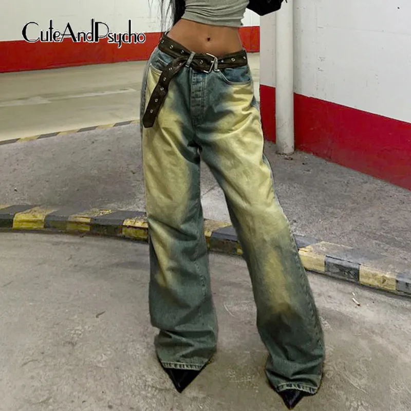 

Cuteandpsycho Vintage Tie Dye Belt Denim Jeans Fashion Baggy Full Length Trousers Pockets Streetwear Grunge Chic 90s Women Pants