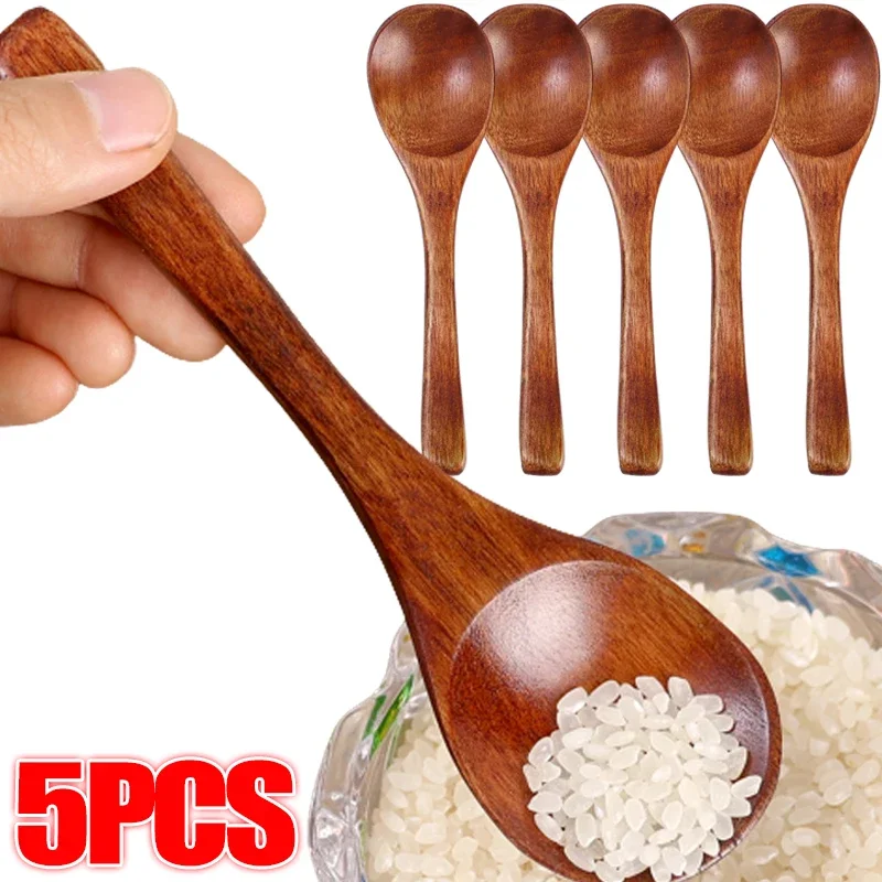 

5/1PCS Long Handled Wooden Spoon Kitchen Korean Style 15cm Natural Wood Soup Tableware Cooking Honey Coffee Spoon Mixing Spoon