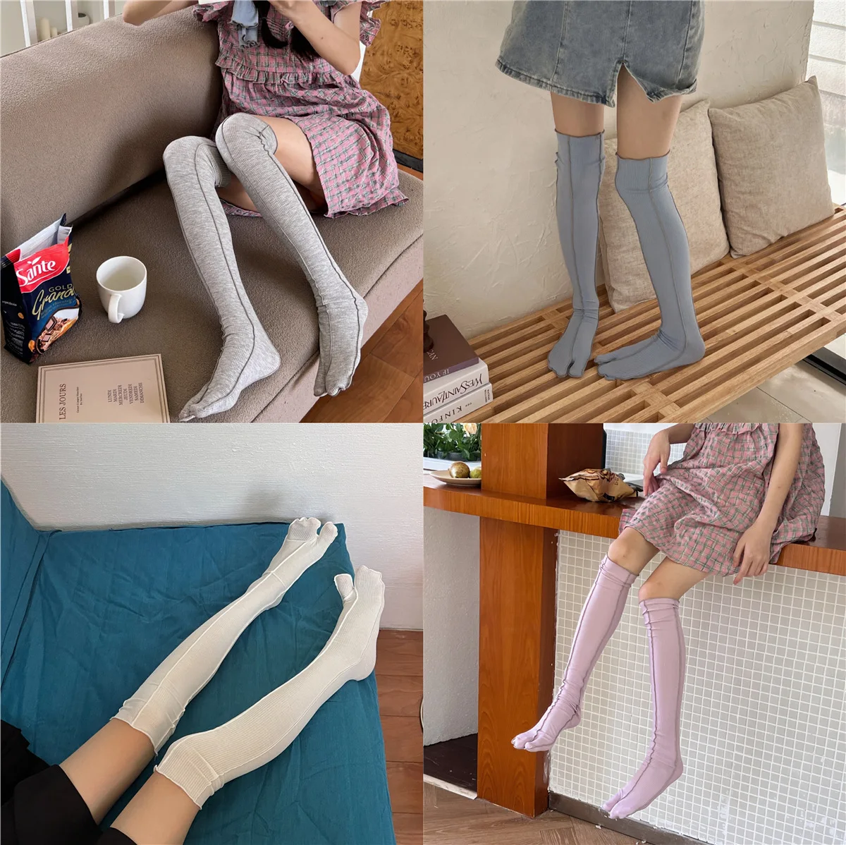 Korean Line Leg Socks Split Toe Socks Retro INS Socks Knee Length Socks Fashion Socks Calf Socks Solid Color Simple Fall Socks