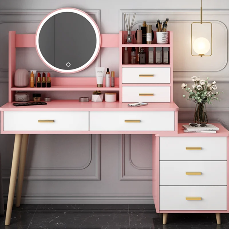 

Lights European Organiser Dressing Table Pink Classic Girl Dressing Table Luxury Nordic Tocador Maquillaje Bedroom Furniture