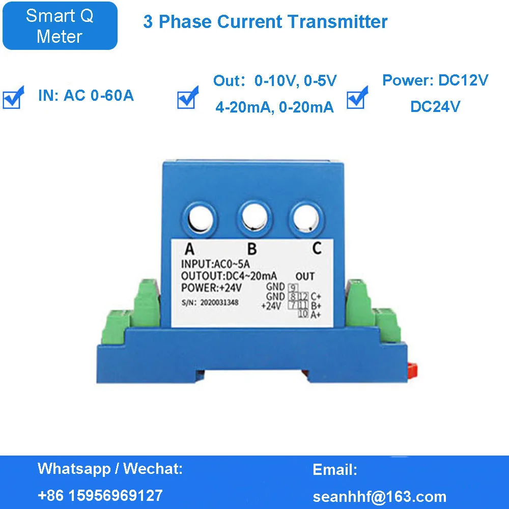 

Triple Phase Current Transmitter AC0-60A Input 4-20mA 0-20mA 0-5V 10V Output Three-phase Current Sensor AC Current Transducer
