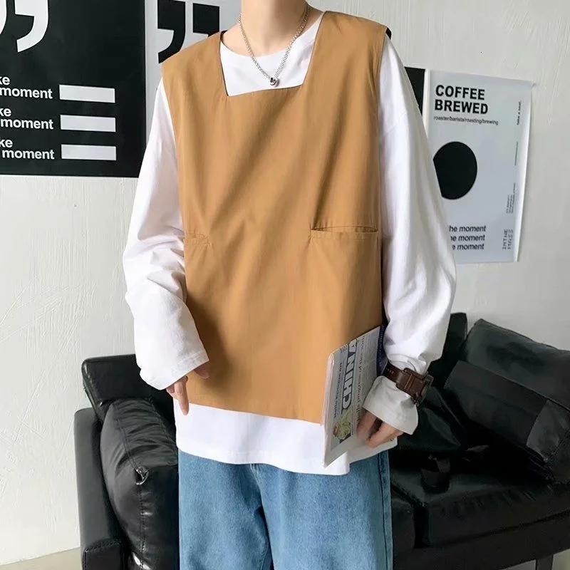 

Autumn Pullover Men's Fashion Solid Color Casual Pocket Tooling Men Streetwear Wild Loose Hip-hop Korean Vest Mens