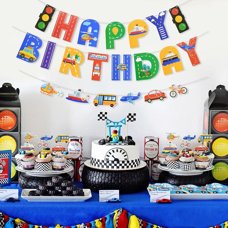 Баннер с днем рождения самолет автомобиль корабль флаг светофор баннер детский