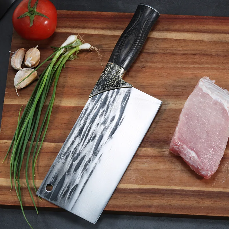 

8 Inch Longquan Knife Copper Decor Handmade Forged Sharp Chopper Cleaver Hatchet Butcher Kitchen Knives Bone Meat Poultry Tools