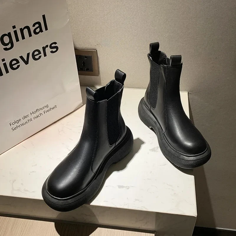 Autumn Winter New Boots Female Mid Calf Boots Ladies Fashion Casual PU Booties Women Boots Slip on Flats Platform Woman Boots