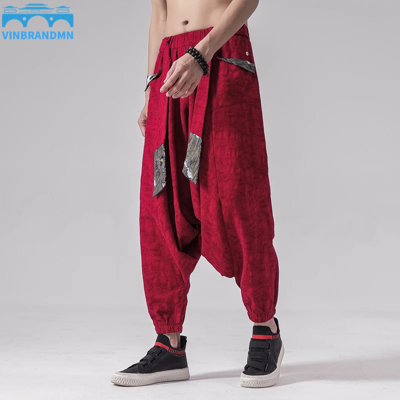 

Мужские Мешковатые хлопковые брюки-султанки в стиле хип-хоп, мужские льняные широкие брюки, мужские винтажные брюки в китайском стиле с перекрестной промежностью, 2022