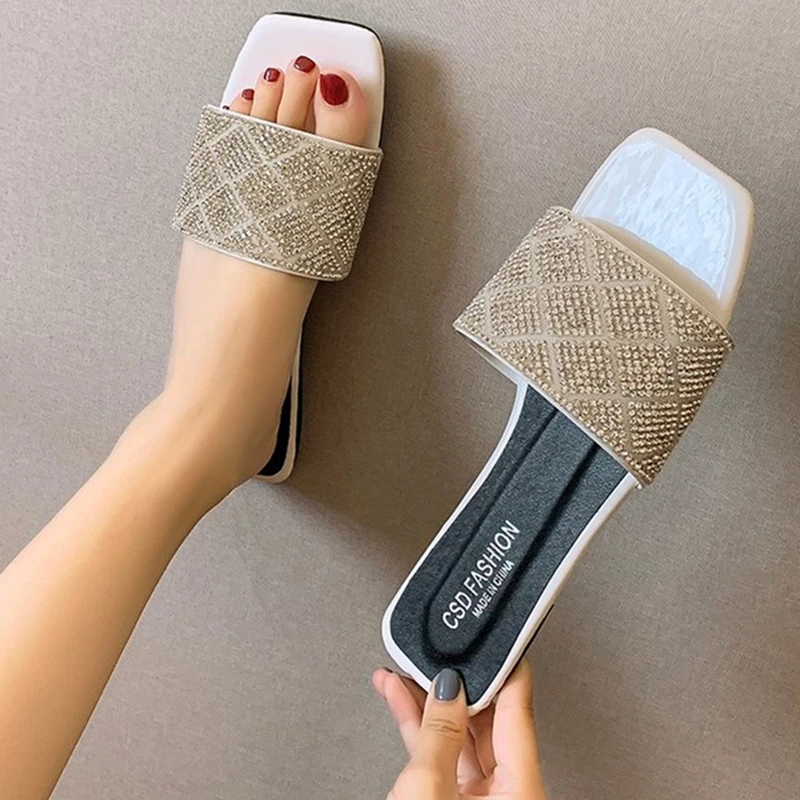 

Fashion Brand Design Rhinestone Sandals Slides Beach Shoes Women Slippers Sandals Shoes Antiskid Flat Sole Slippers Woman 2022