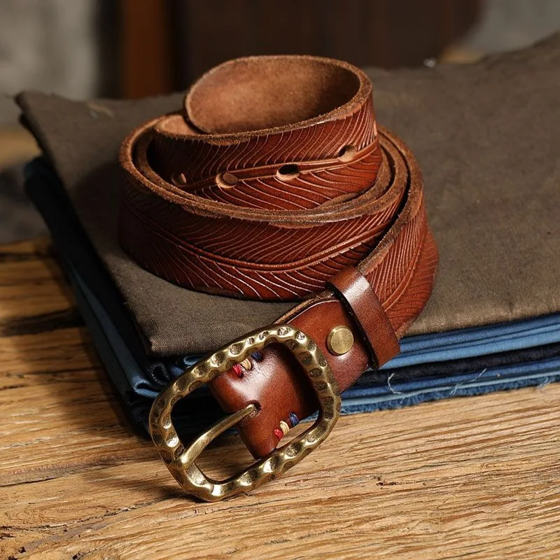 

High Quality Vintage Casual Hand-forged Brass Pin Buckle Natural Unlayered Cowhide Men's Belt Men's Jeans Leather Belt