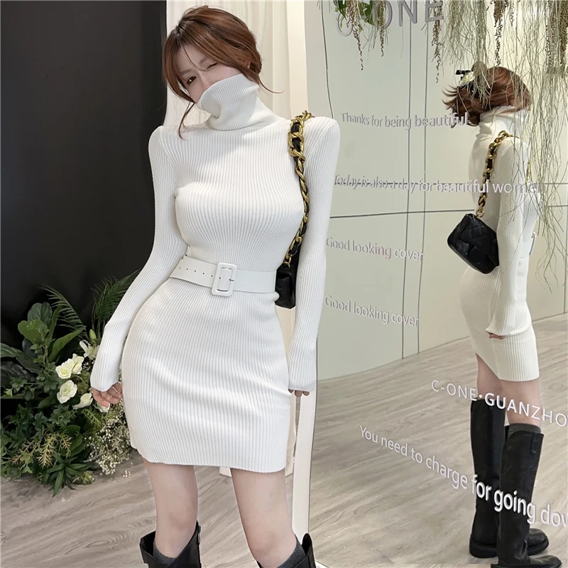 

New Winter Knitted Dress with Belt Pink High Waist Basic Long Sleeve Sheath Bodycon Sexy Midi Sweater Dress Female Vintage