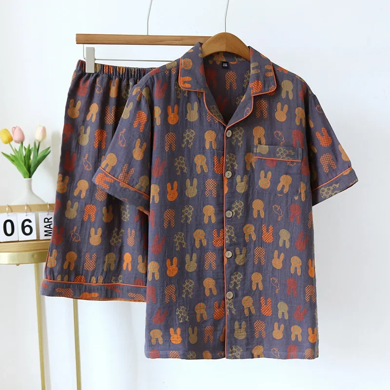 Фото 2026 Весна Novo Casal Shorts de Manga Curta Duas Peças Conjunto de 100% Algodão Crepe Tecido Homens e Mulheres Grande Homewear №2