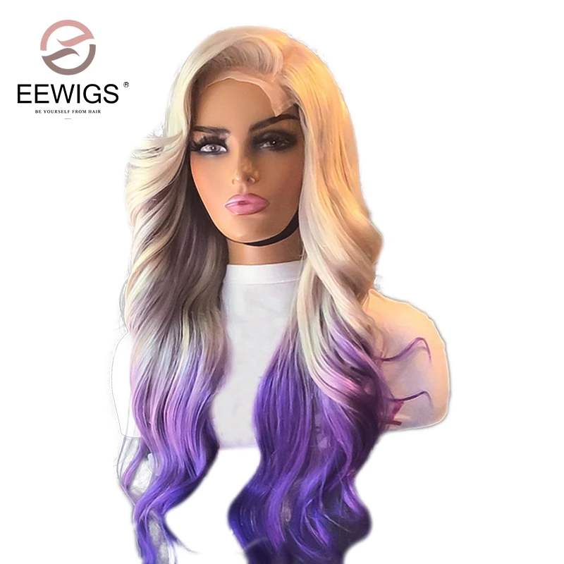 Body Wave Synthetic Ombre Purple Colroed 30 Inch Heat Resistant 13x4 Invisible Lace Front Drag Queen Cosplay Wigs For Women |