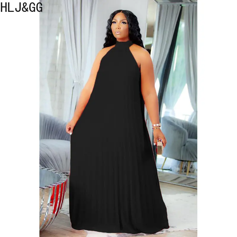 HLJ&GG Summer Sleeveless Loose A-line Dresses Plus Size Women Solid Color Floor Robe Vestidos Female Halter Party Club Clothing